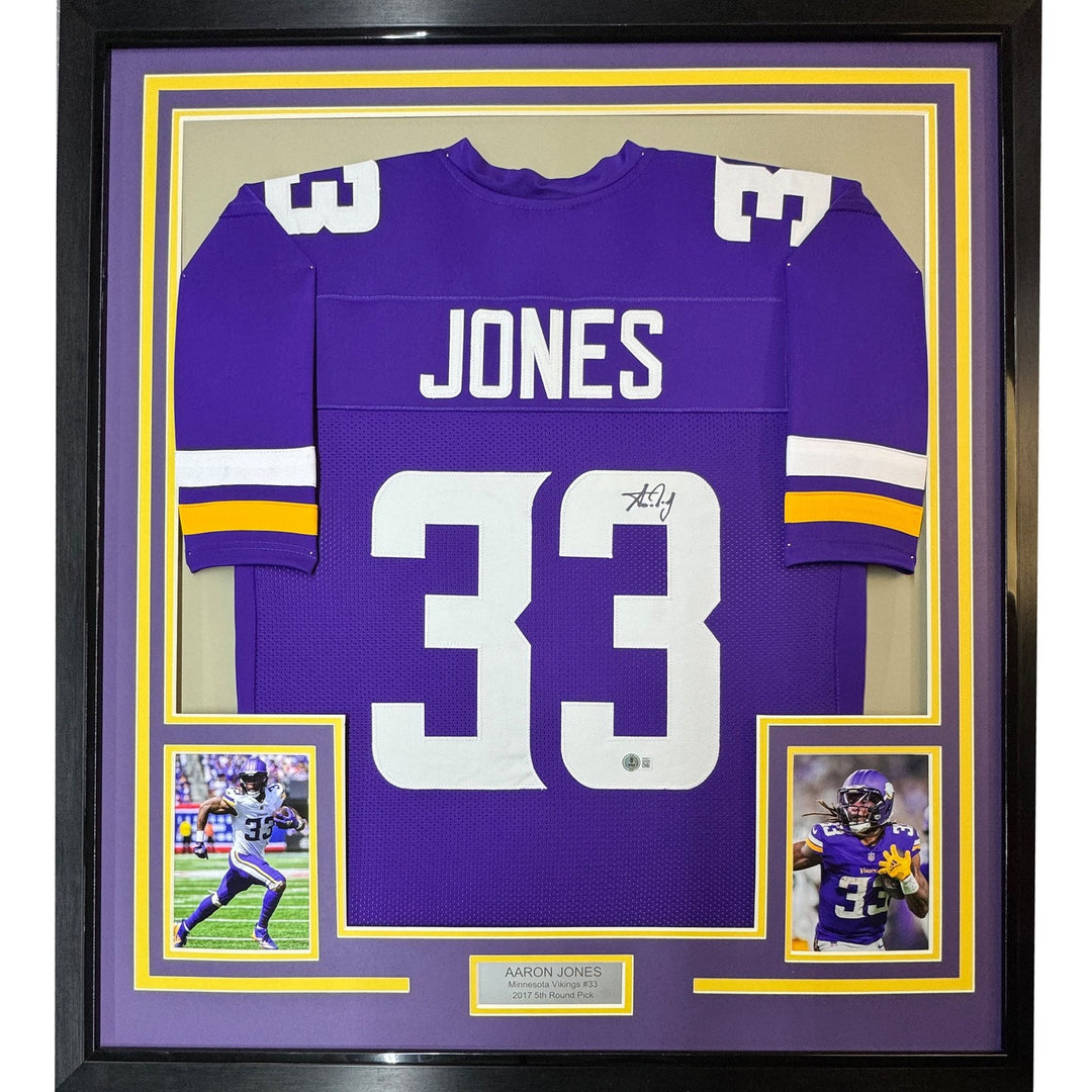 Framed Autographed/Signed Aaron Jones 35x39 Minnesota Purple Jersey BAS COA