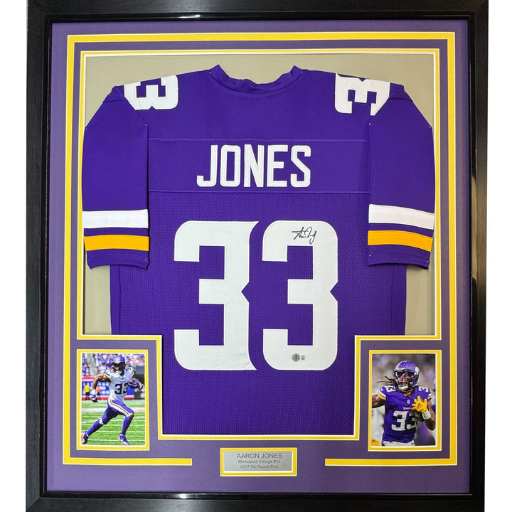 Framed Autographed/Signed Aaron Jones 35x39 Minnesota Purple Jersey BAS COA