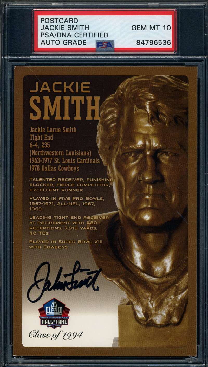 Jackie Smith Gem Mint 10 PSA DNA Signed HOF Bronze Bust Postcard Autograph