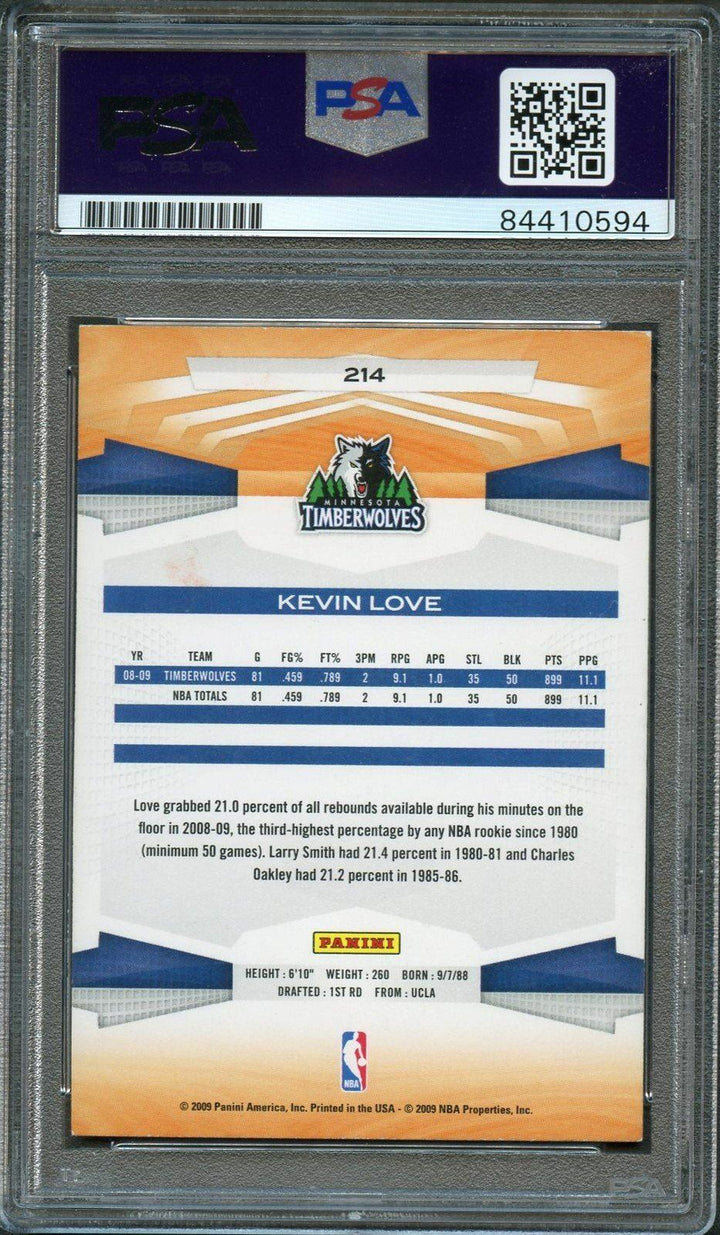2009-10 Panini Basketball #214 Kevin Love Signed Card AUTO 10 PSA Slabbed Timber