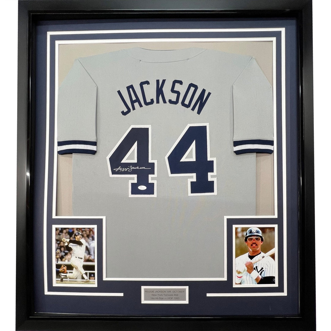 FRAMED Signed REGGIE JACKSON 35x39 New York Grey Jersey JSA COA Auto