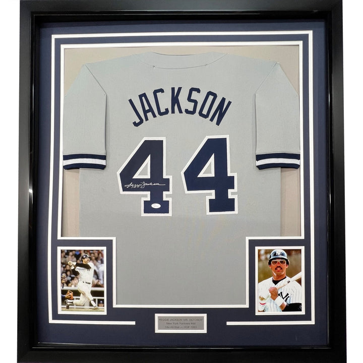 FRAMED Signed REGGIE JACKSON 35x39 New York Grey Jersey JSA COA Auto