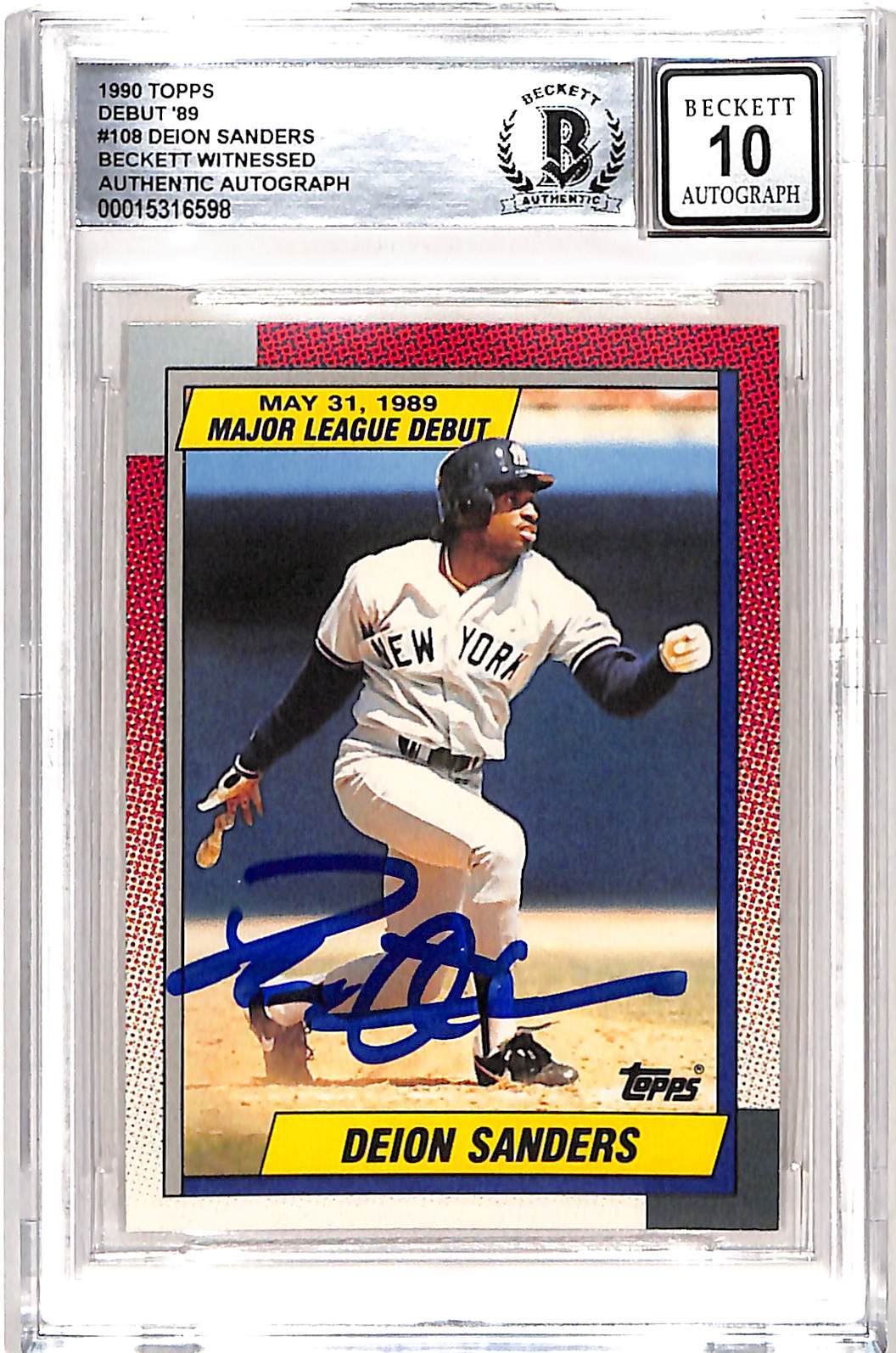 Deion Sanders Signed 1989 Topps Debut #108 Card 10 Auto Beckett 42659