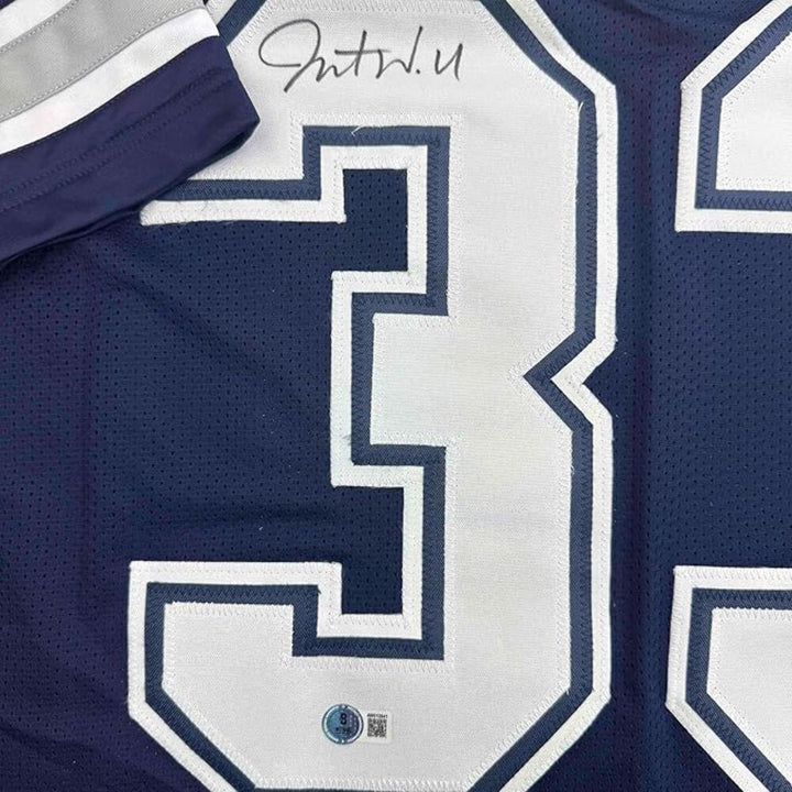Framed Autographed/Signed Javonte Williams 35x39 Dallas Blue Jersey Beckett COA