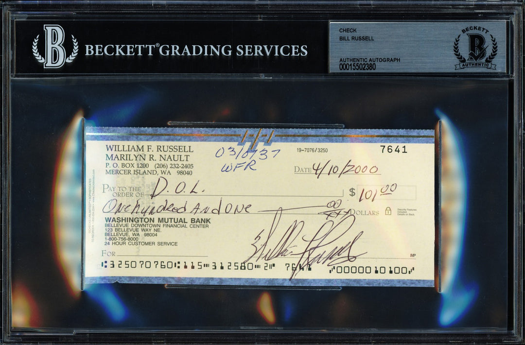 Bill Russell Autographed Signed 3x6 Check Boston Celtics Beckett BAS
