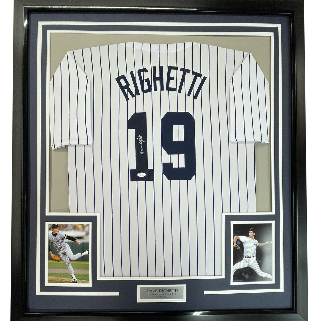 Framed Autographed/Signed Dave Righetti 33x42 New York Pinstripe Jersey JSA COA