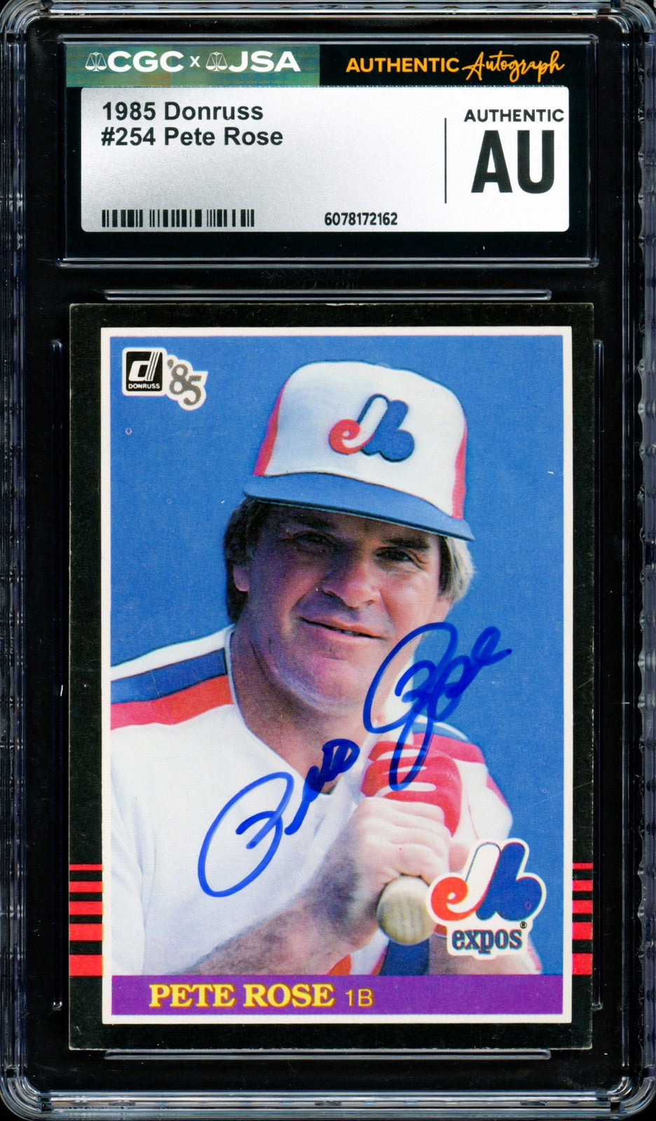 Pete Rose Signed 1985 Donruss Card 254 Montreal Expos CGC x JSA
