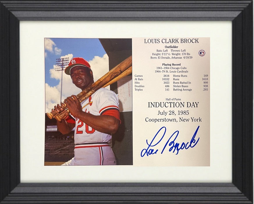 Lou Brock signed Cardinals Hall of Fame Induction 8x10 Photo/Card Framed-COA