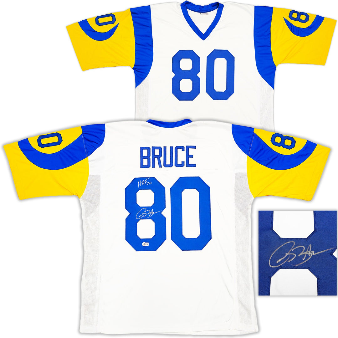 St. Louis Rams Isaac Bruce Signed White Jersey "HOF 20" Beckett Witness