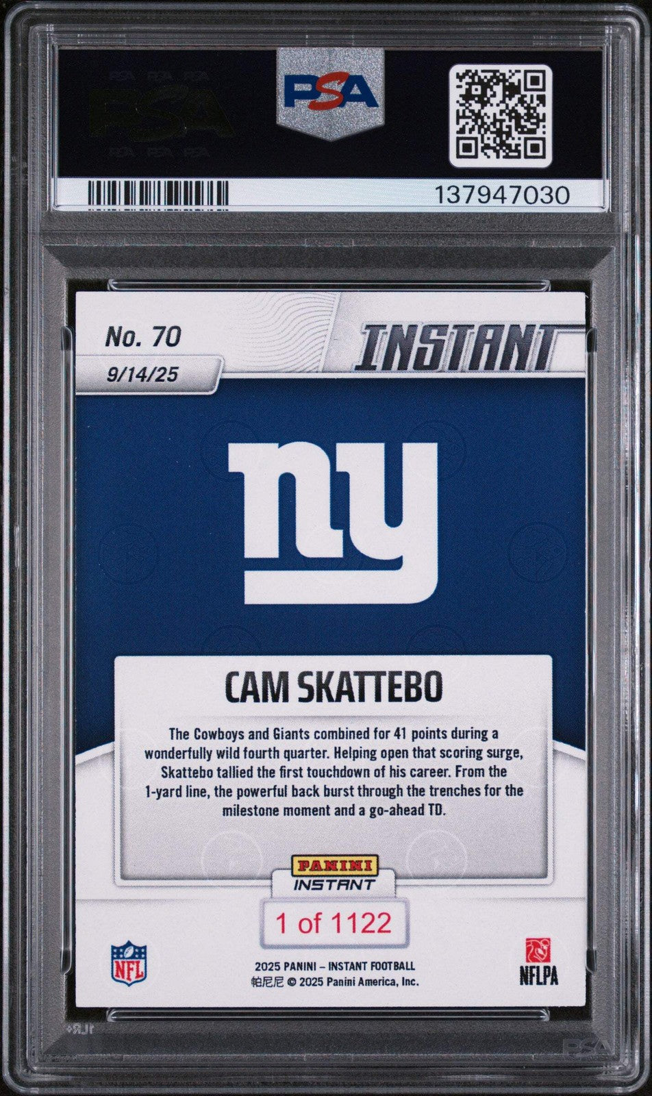 Graded 2025 Panini Instant Cam Skattebo #70 Rookie RC Football Card PSA 10