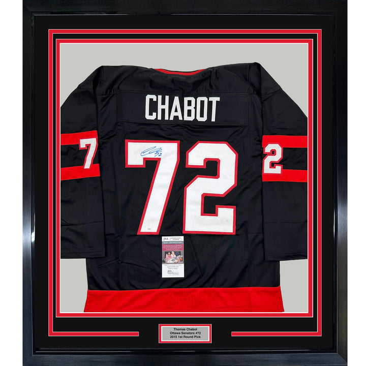 Framed Autographed/Signed Thomas Chabot 35x39 Ottawa Black Jersey JSA COA