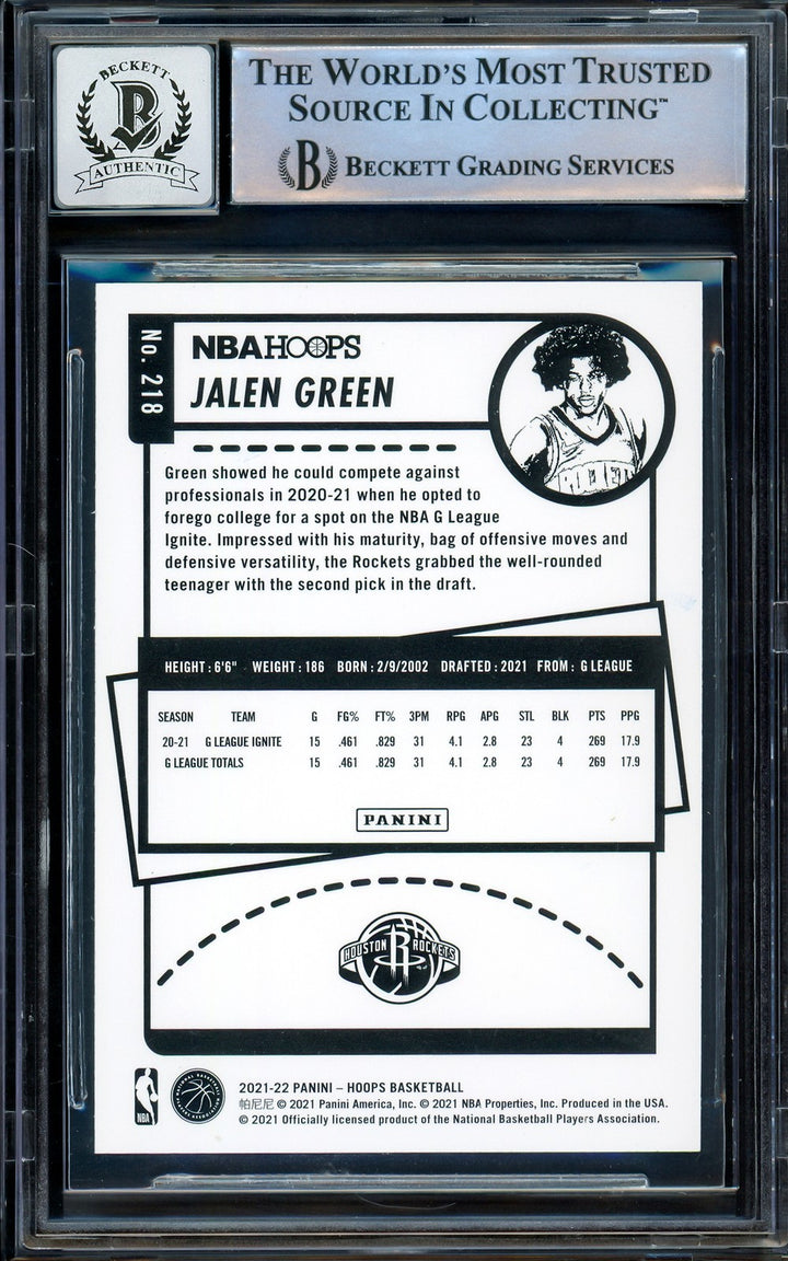Jalen Green Signed 2021-22 NBA Hoops RC 218 Houston Rockets Auto GM 10 Beckett