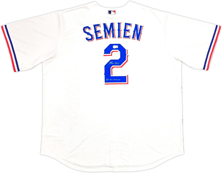 Rangers Marcus Semien Auto White Nike Jersey Size 2XLT 23 WS Champs Beckett Wit