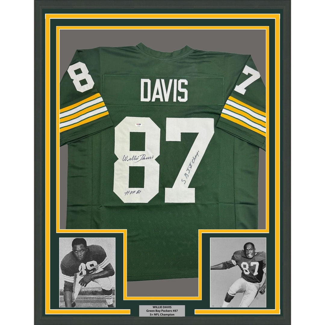 Framed Autographed/Signed Willie Davis 35x39 Green Bay Green Jersey PSA COA