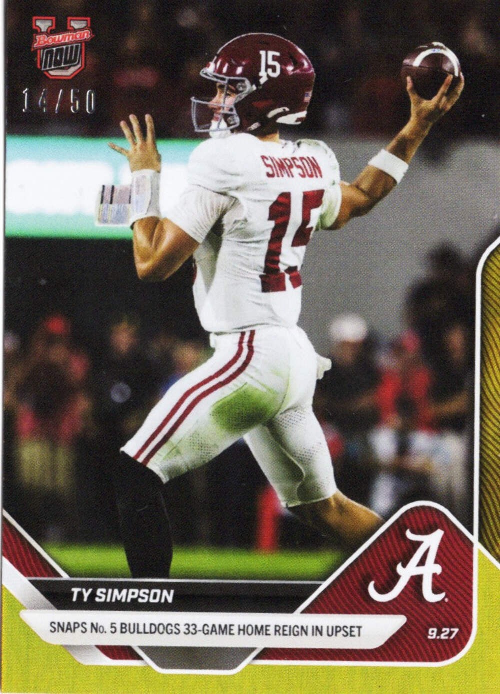 2025 Topps Bowman U Now Ty Simpson #22 Gold Foil /50 Rookie RC Football Card
