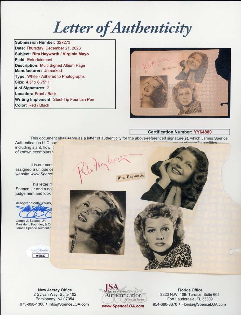Rita Hayworth Virginia Mayo JSA LOA Signed Vintage Album Page Autograph