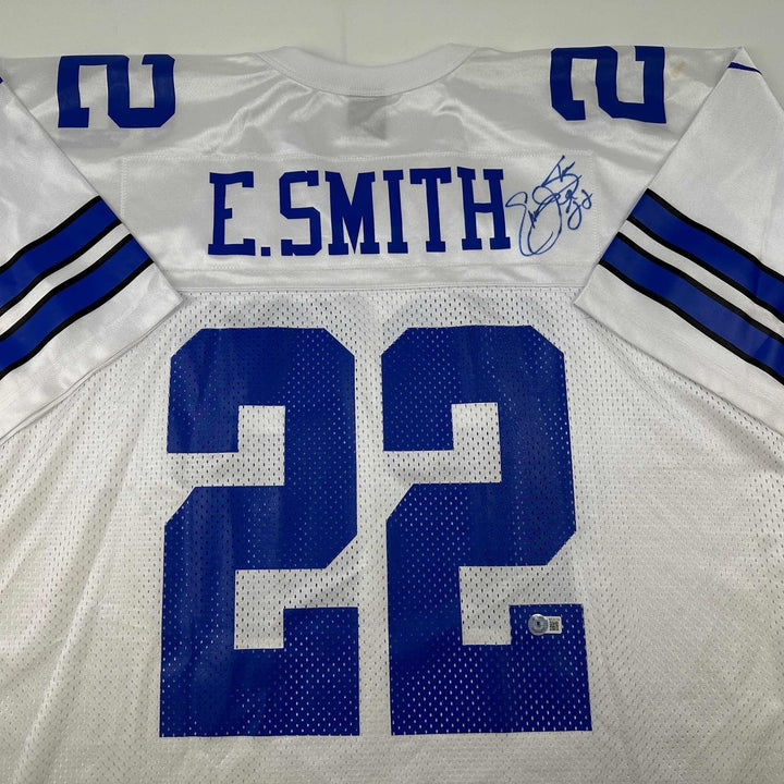 Autographed/Signed Emmitt Smith Dallas White Jersey Beckett BAS COA