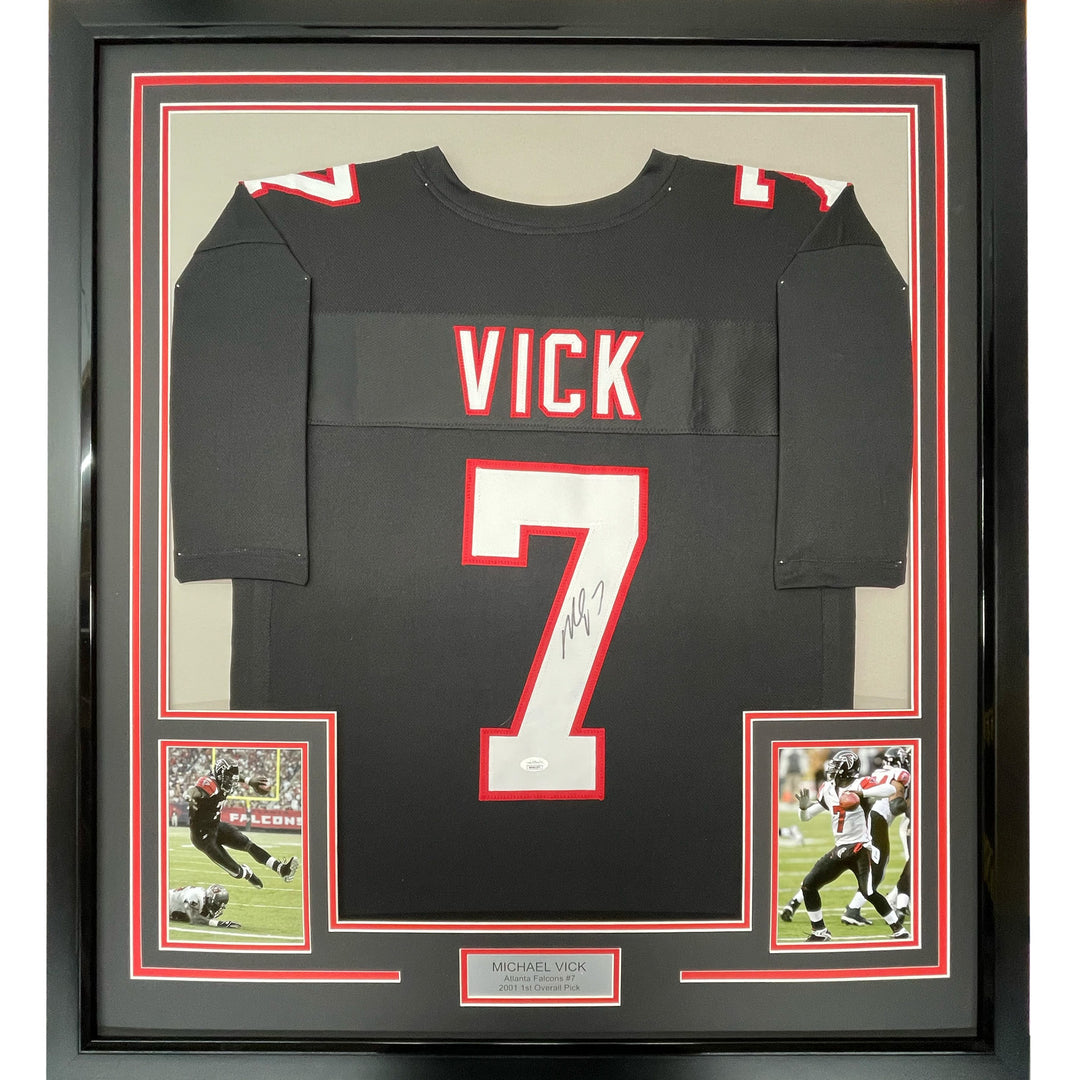 FRAMED Autographed/Signed MICHAEL MIKE VICK 33x42 Atlanta Retro Jersey JSA COA