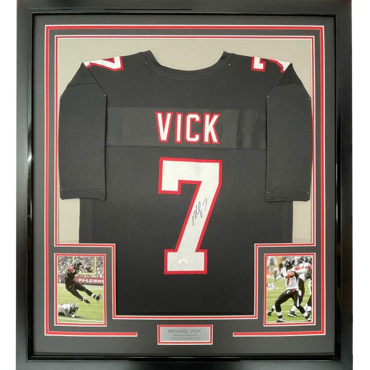 FRAMED Autographed/Signed MICHAEL MIKE VICK 33x42 Atlanta Retro Jersey JSA COA