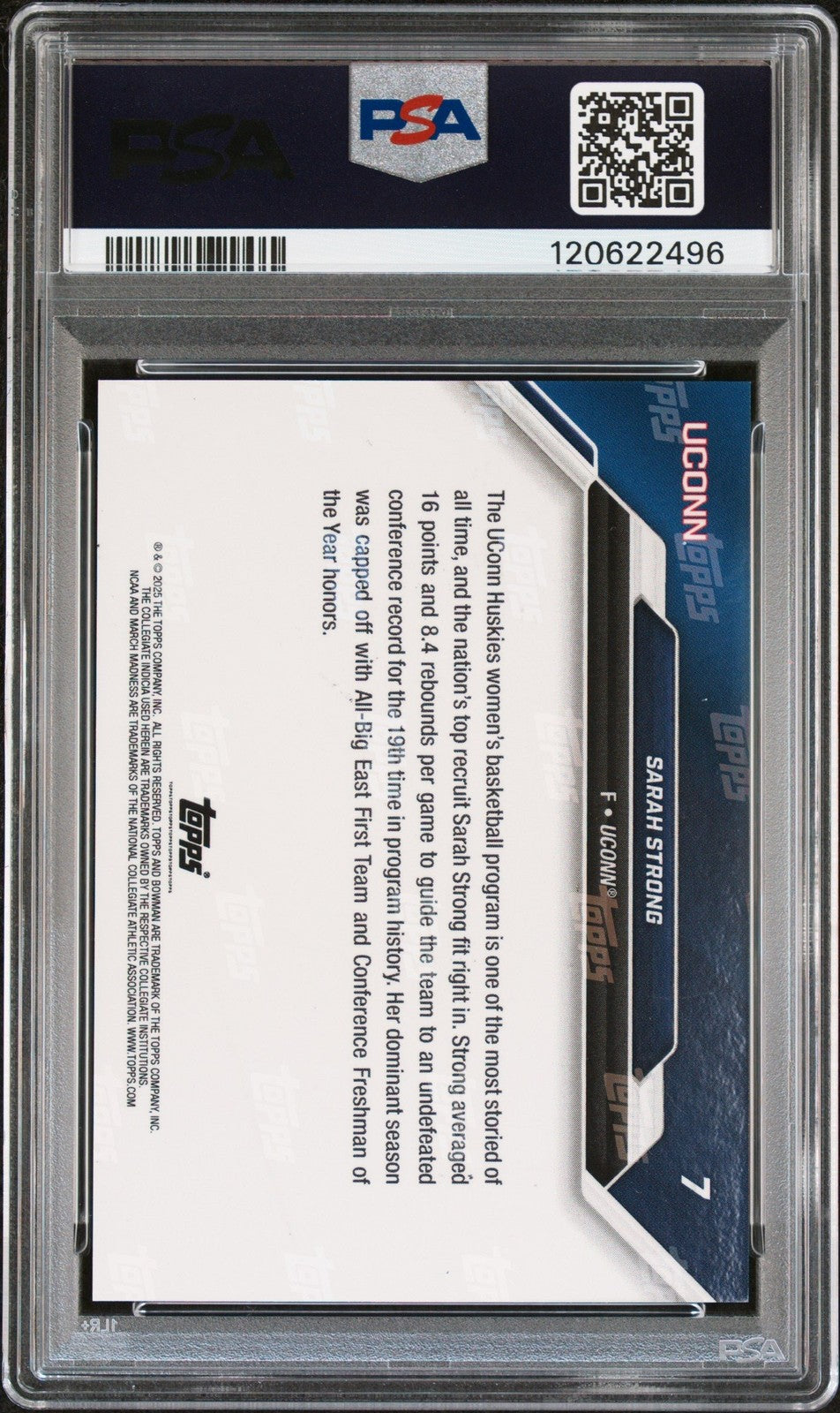 Graded 2025 Bowman U Now March Madness Sarah Strong #7 RC Card PSA 10