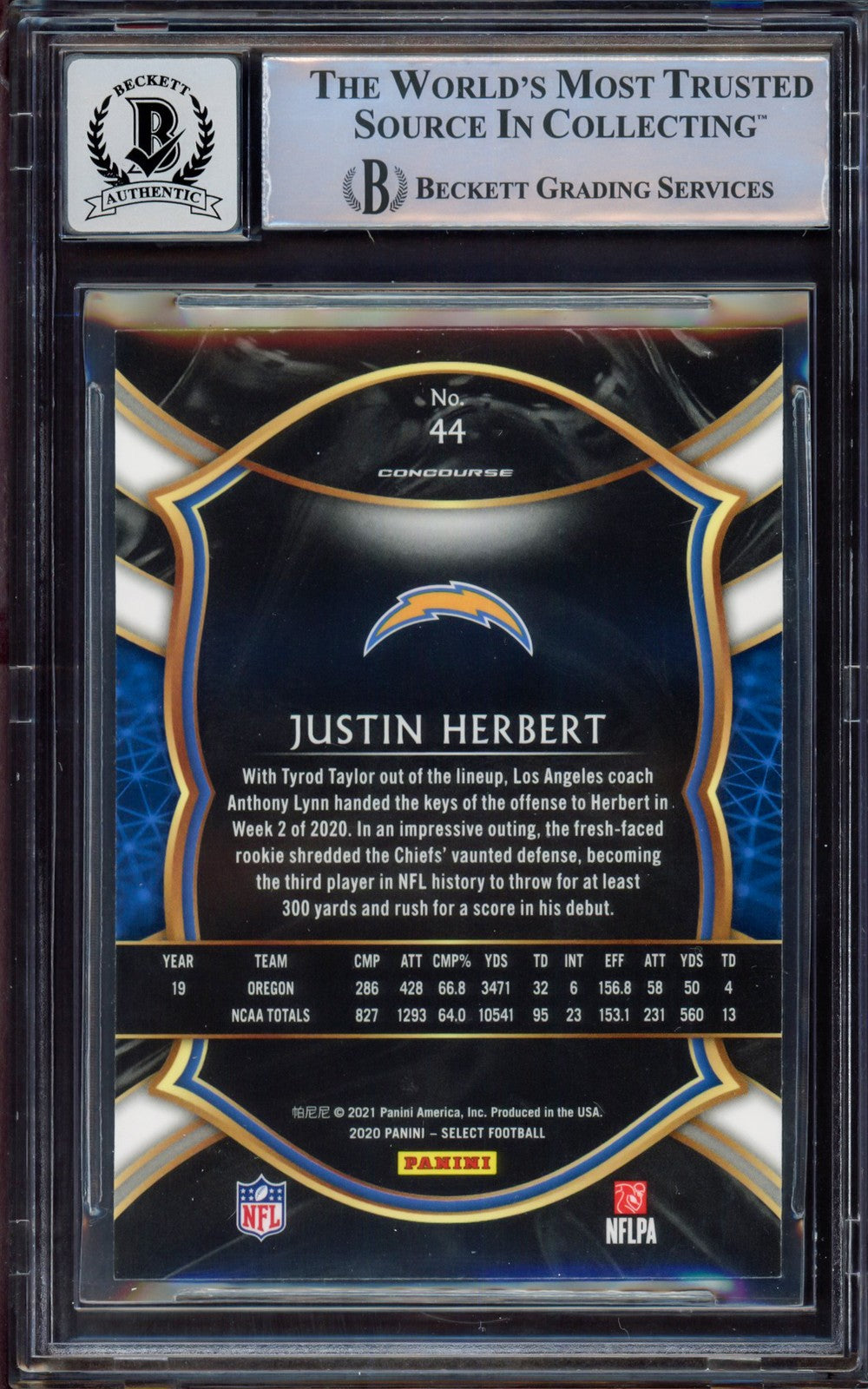 Justin Herbert Auto Signed 2020 Select RC 44 Chargers BGS 8.5 Sig 8 Beckett