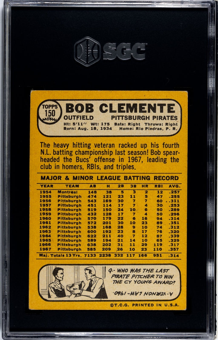 Roberto/Bob Clemente 1968 Topps Card #150 (Pirates ) - SGC Graded 4.5 VG-EX+