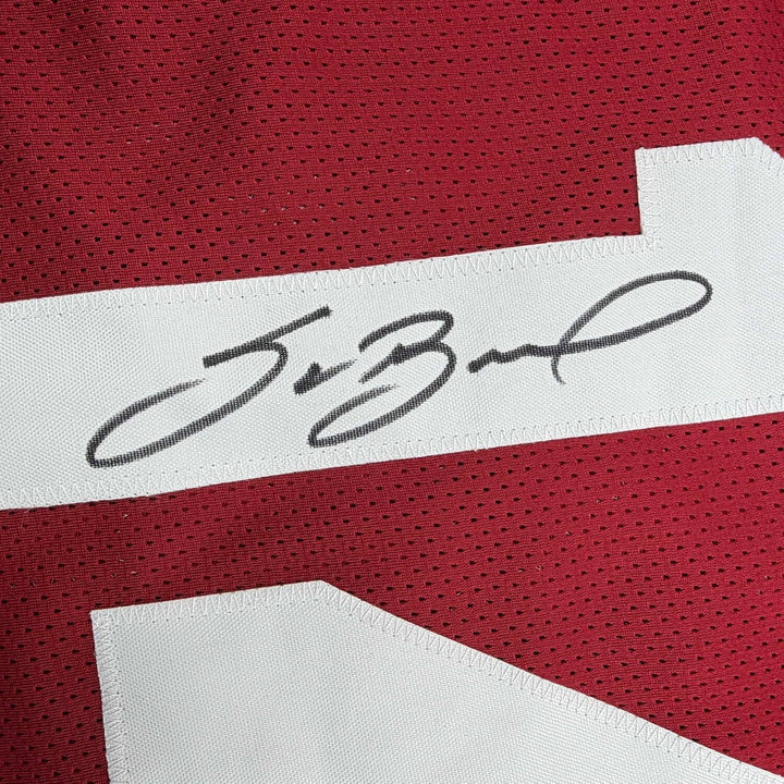 Framed Autographed/Signed Sam Bradford 35x39 Oklahoma Red Jersey Beckett BAS COA