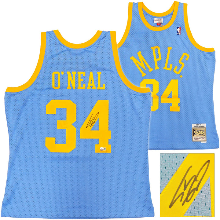Lakers Shaquille ONeal Auto Baby Blue Mitchell Ness 01-02 HWC Swingman Jersey XL
