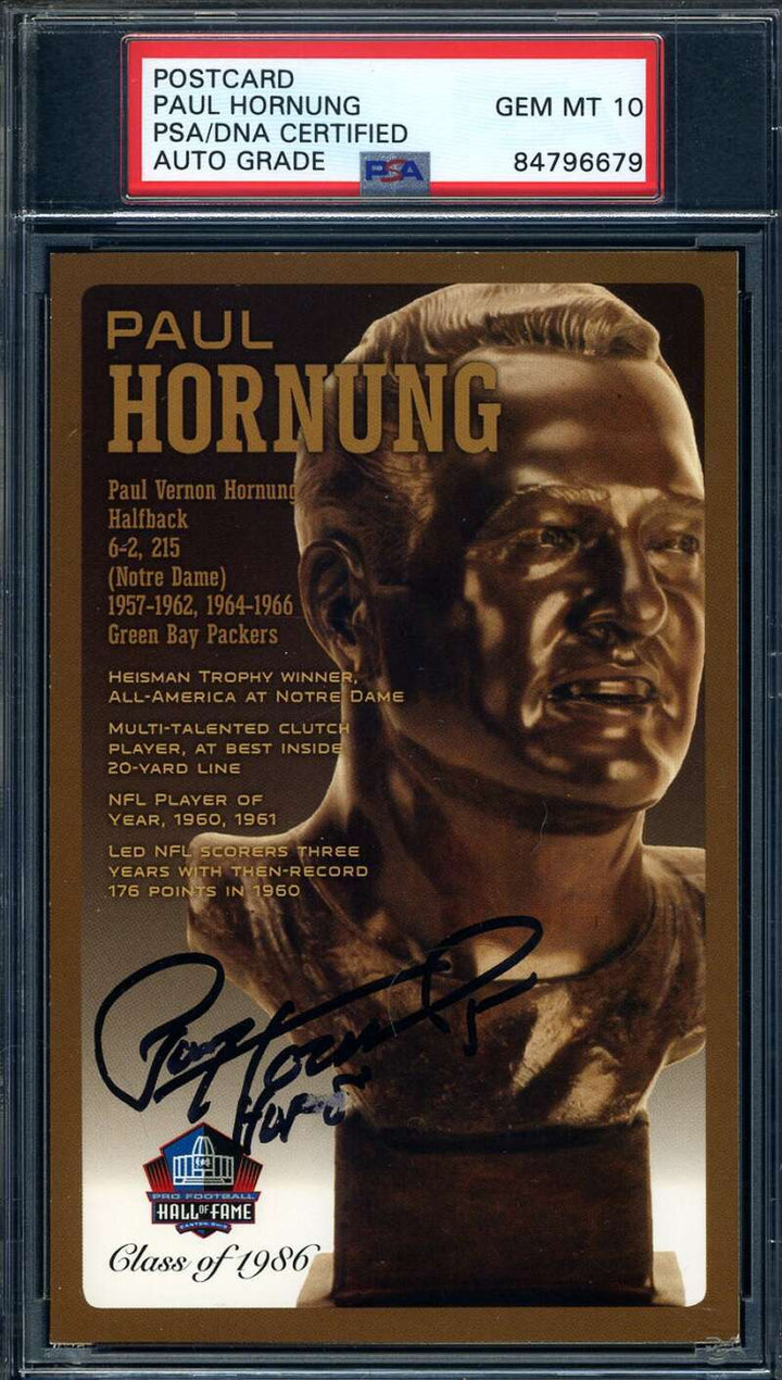 Paul Hornung Gem Mint 10 PSA DNA Signed HOF Bronze Bust Postcard Autograph