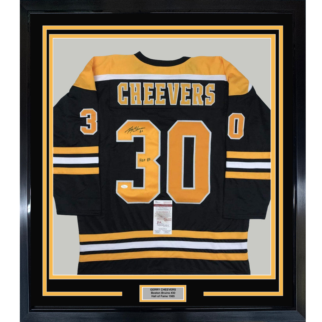 FRAMED Autographed/Signed GERRY CHEEVERS HOF 33x42 Boston Black Jersey JSA COA