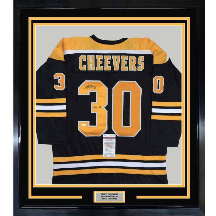 FRAMED Autographed/Signed GERRY CHEEVERS HOF 33x42 Boston Black Jersey JSA COA