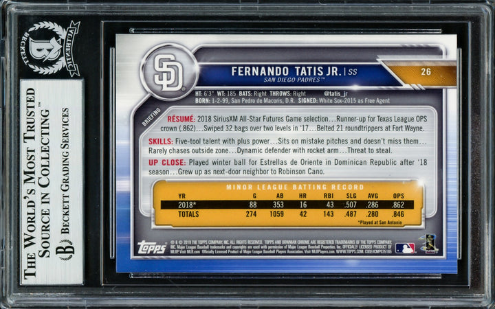 Fernando Tatis Jr. Signed 2019 Bowman Chrome RC #26 San Diego Padres Beckett
