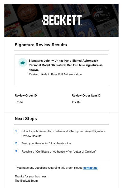 Johnny Unitas signed Adirondack Personal Model 302 Bat- Beckett  Review (Colts)