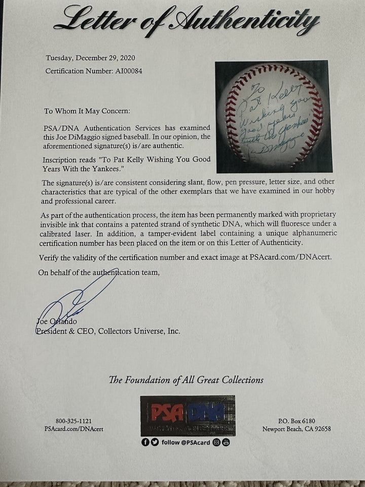 Joe Dimaggio Signed Official  Baseball To Pat Kelly Yankees Player 1/1 Auto Psa