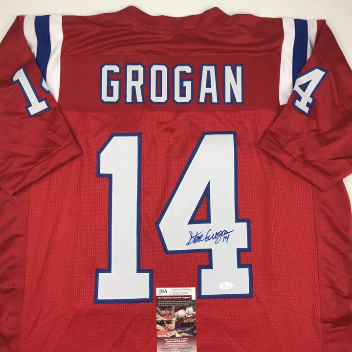 Autographed/Signed STEVE GROGAN New England Red Jersey JSA COA Auto