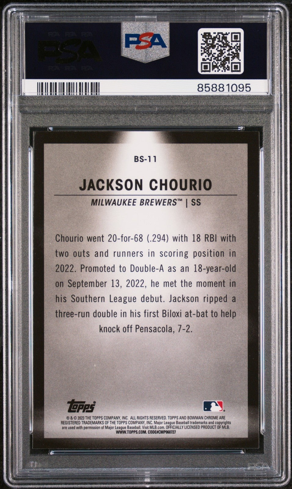 Graded 2023 Bowman Jackson Chourio #BS11 Spotlights Rookie Card PSA 10