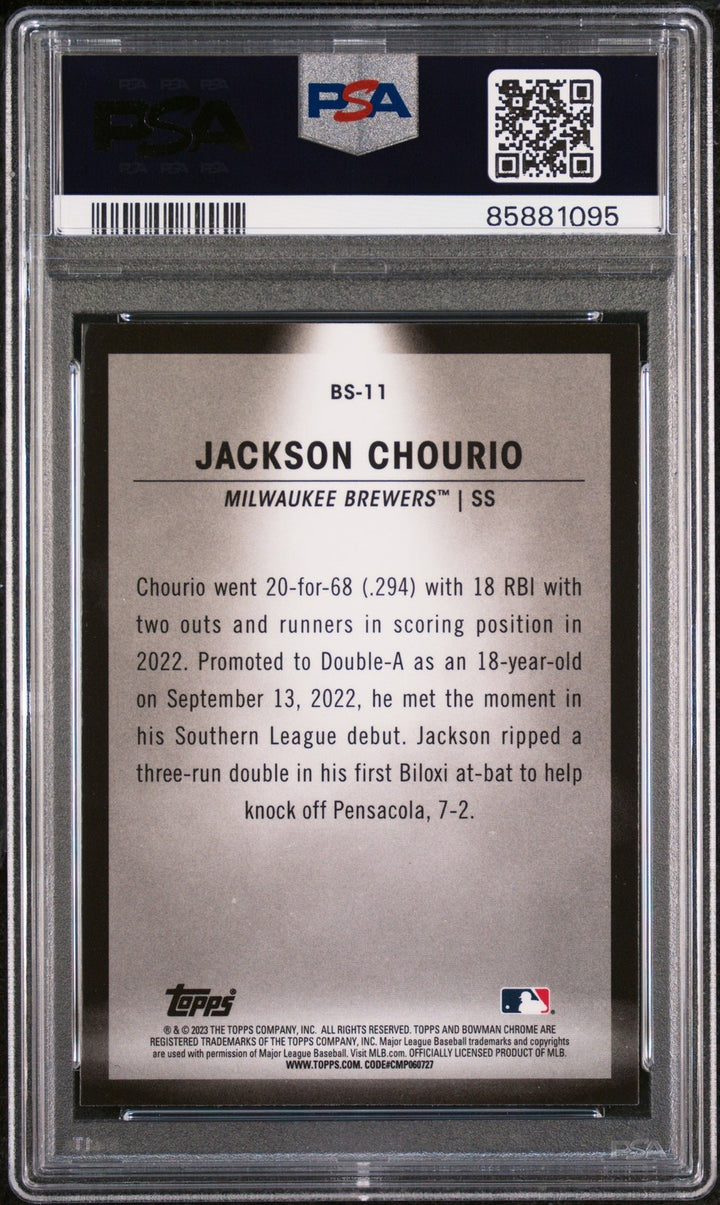 Graded 2023 Bowman Jackson Chourio #BS11 Spotlights Rookie Card PSA 10