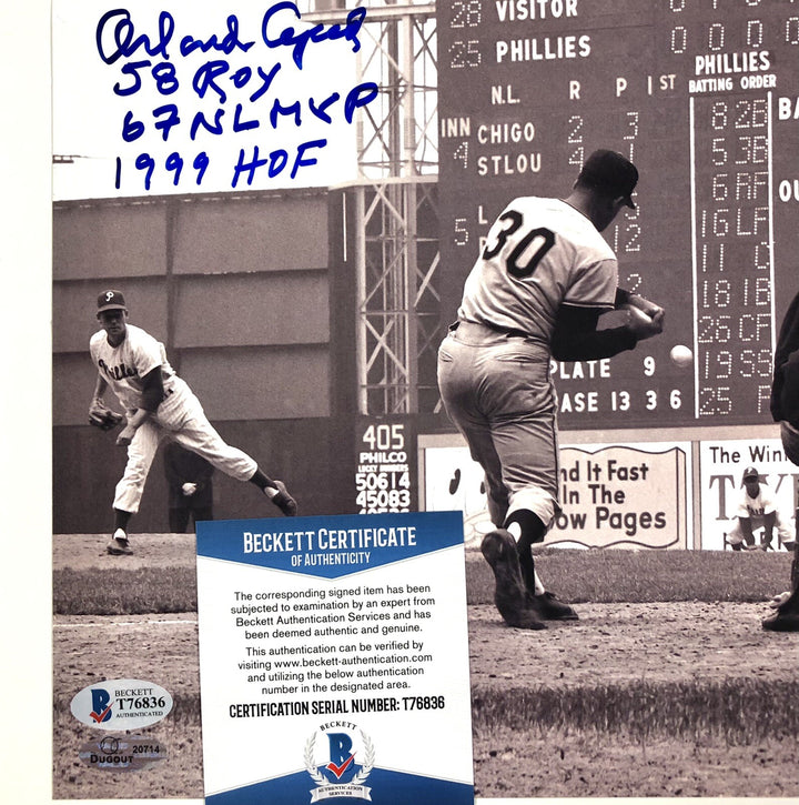 Orlando Cepeda "ROY" "MVP" “HOF" signed Giants stat 8x10 Photo BAS COA Beckett