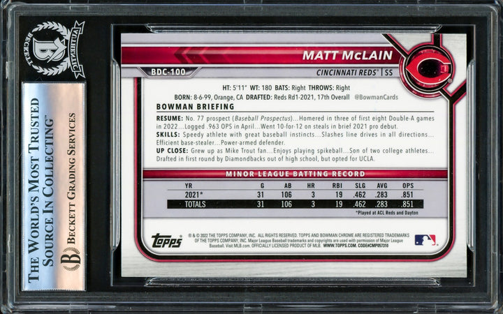 Matt McLain Signed 2022 Bowman Draft Chrome RC BDC100 Cincinnati Reds Beckett