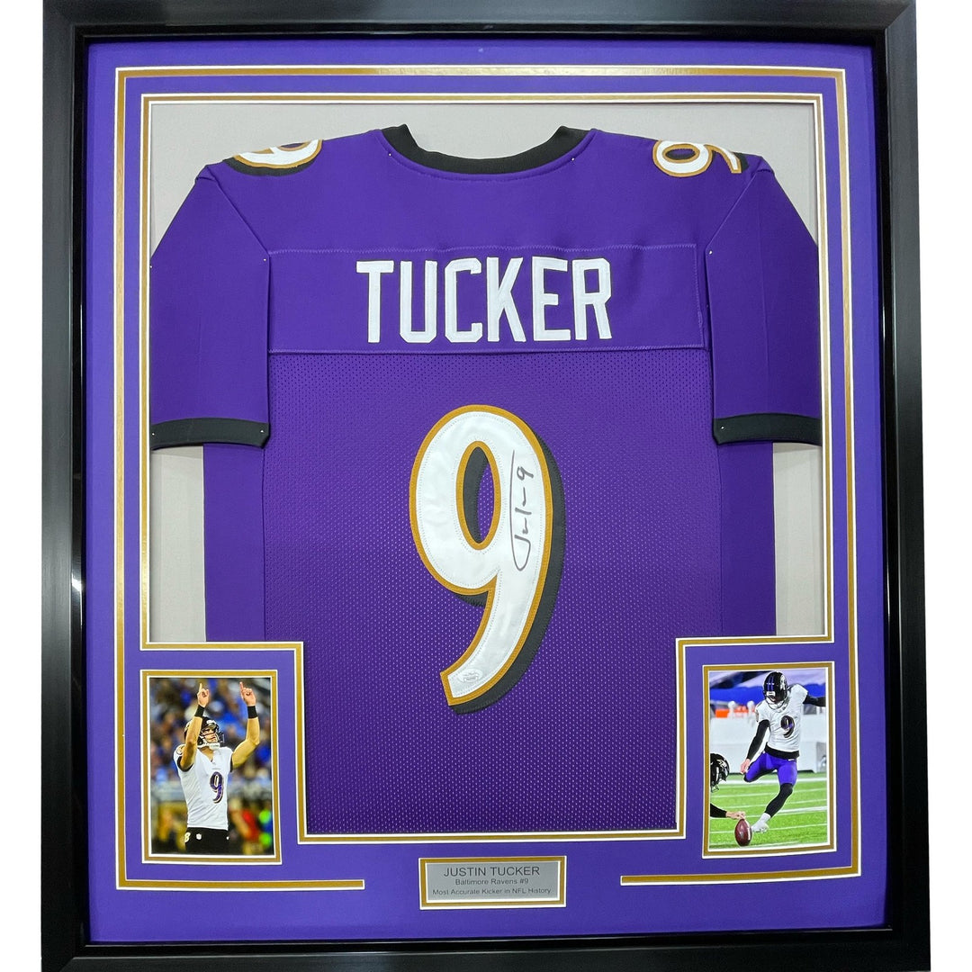 Framed Signed Justin Tucker 35x39 Baltimore Purple Jersey JSA COA
