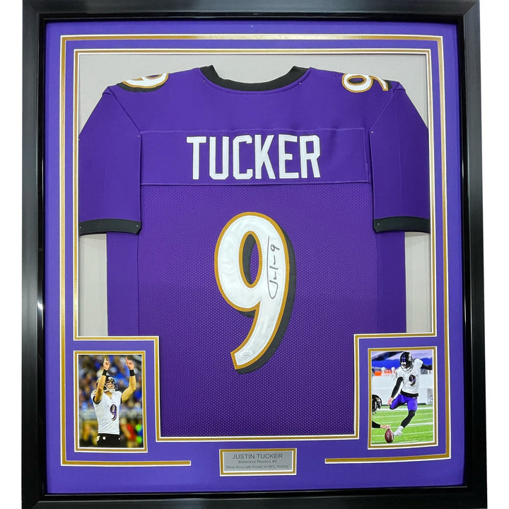 Framed Signed Justin Tucker 35x39 Baltimore Purple Jersey JSA COA