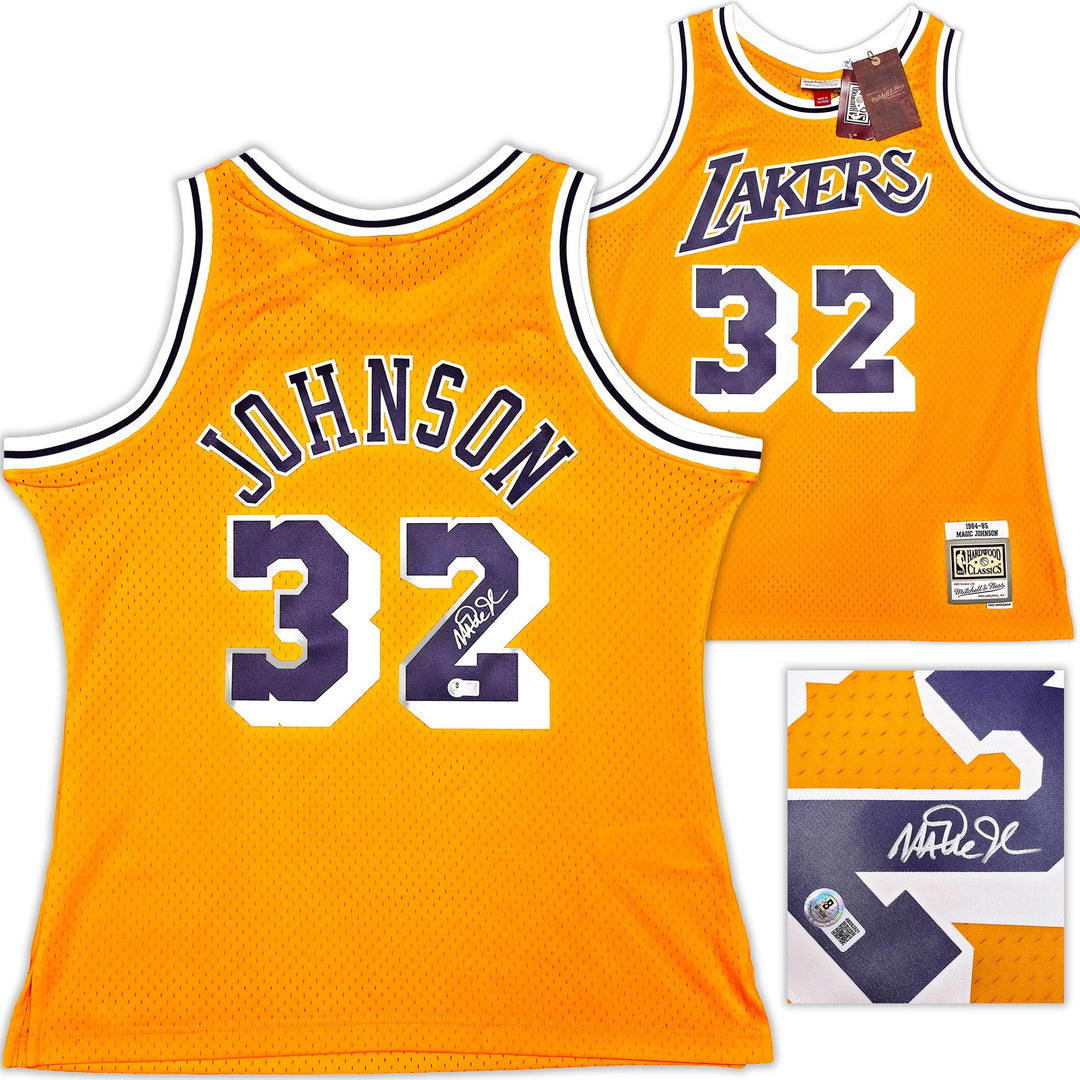 Lakers Magic Johnson Auto Yellow Mitchell & Ness 1984 Swingman Jersey L Beckett