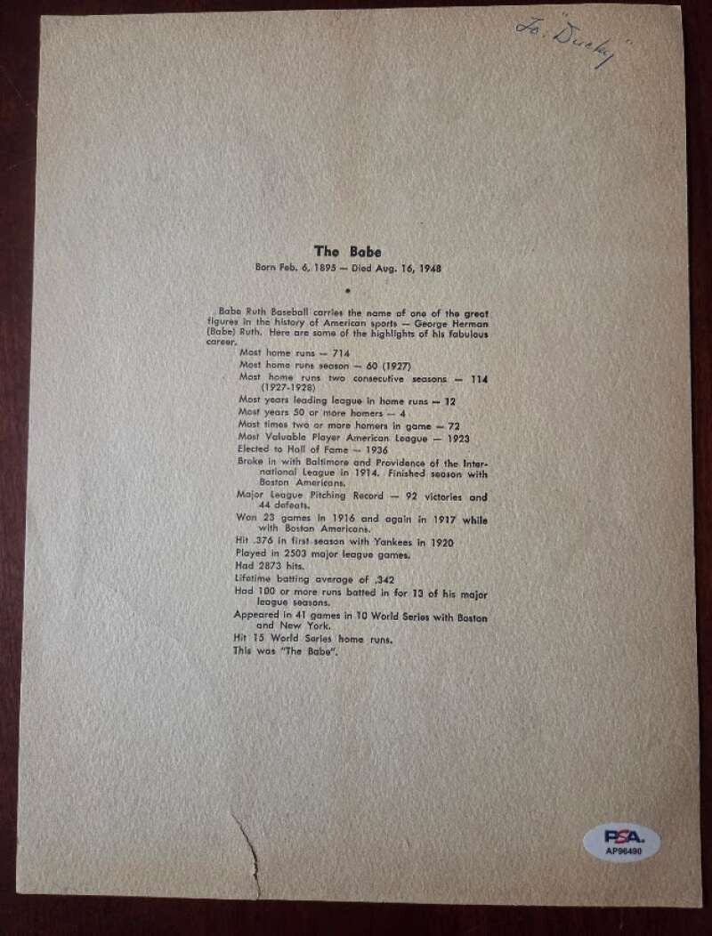 Mrs. Babe Ruth PSA DNA Signed 9x12 Vintage Photo Autograph Yankees