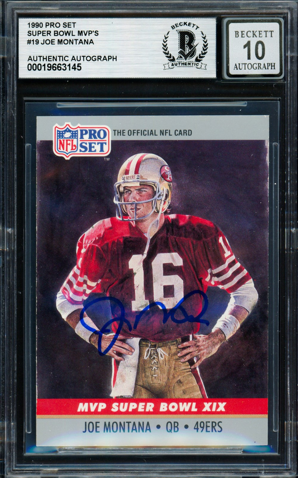 Joe Montana Signed 1990 Pro Set Card 19 San Francisco 49ers Auto GM 10 Beckett