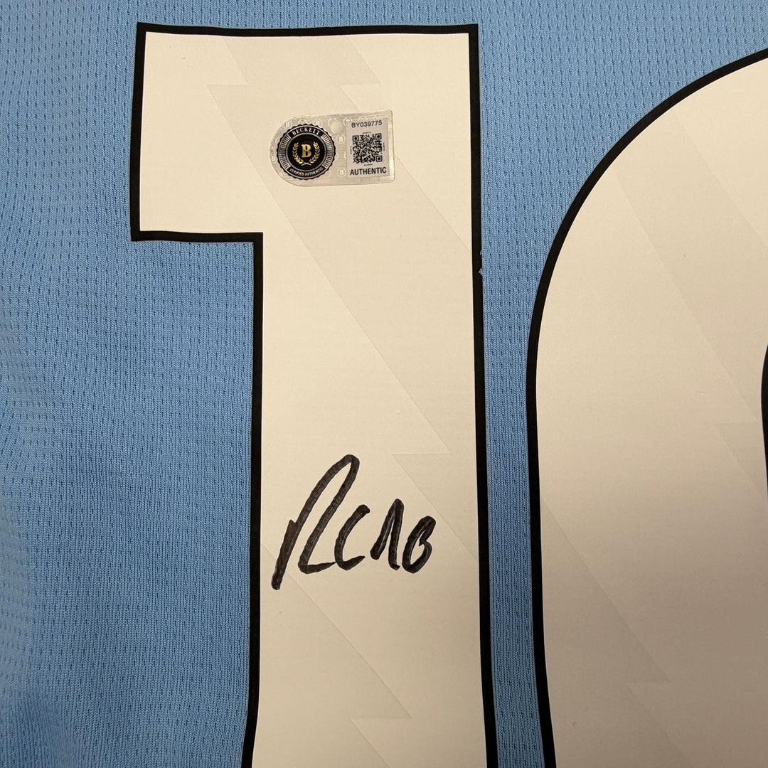 Autographed/Signed Rayan Cherki Manchester City Blue Jersey Beckett BAS COA