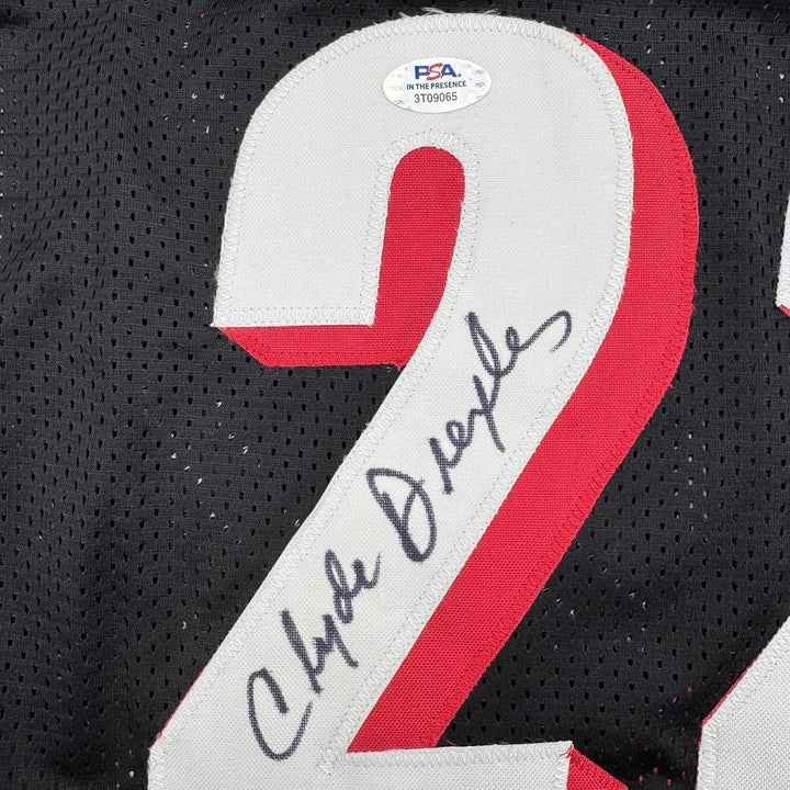 Framed Autographed/Signed Clyde Drexler 35x39 Portland Black Jersey PSA COA