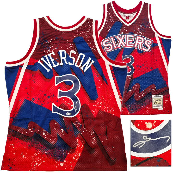 76ers Allen Iverson Auto Red Mitchell Ness 96-97 Swingman Hyper Jersey XL Becket