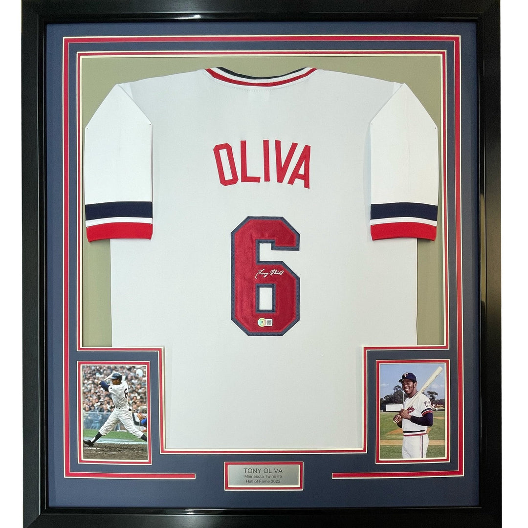 Framed Autographed/Signed Tony Oliva 33x42 Minnesota White Jersey BAS COA