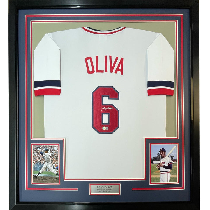 Framed Autographed/Signed Tony Oliva 33x42 Minnesota White Jersey BAS COA