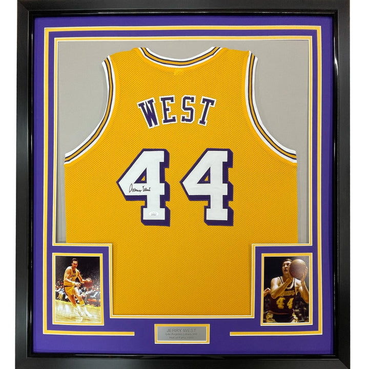 FRAMED Signed JERRY WEST 35x39 Los Angeles Yellow Jersey JSA COA